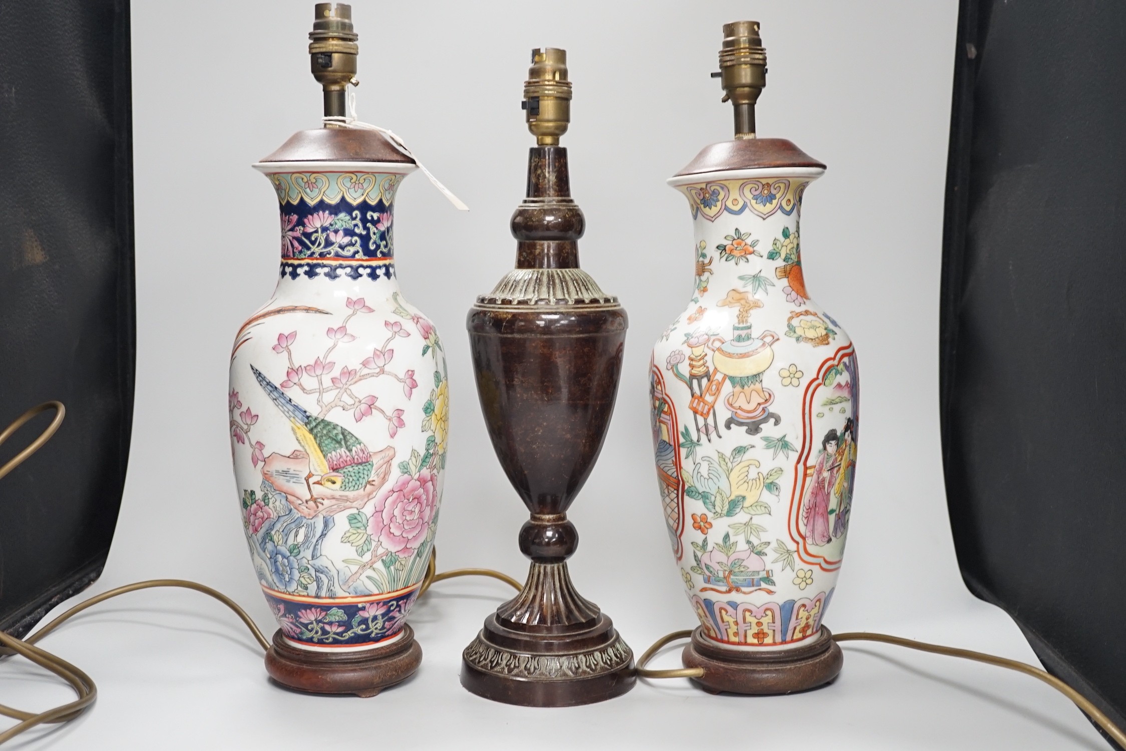 Two Chinese famille rose table lamps and one other